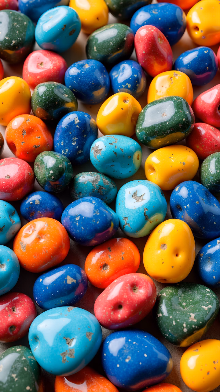 Vibrant marbled stones in a variety of colors, showcasing unique patterns and glossy finishes.