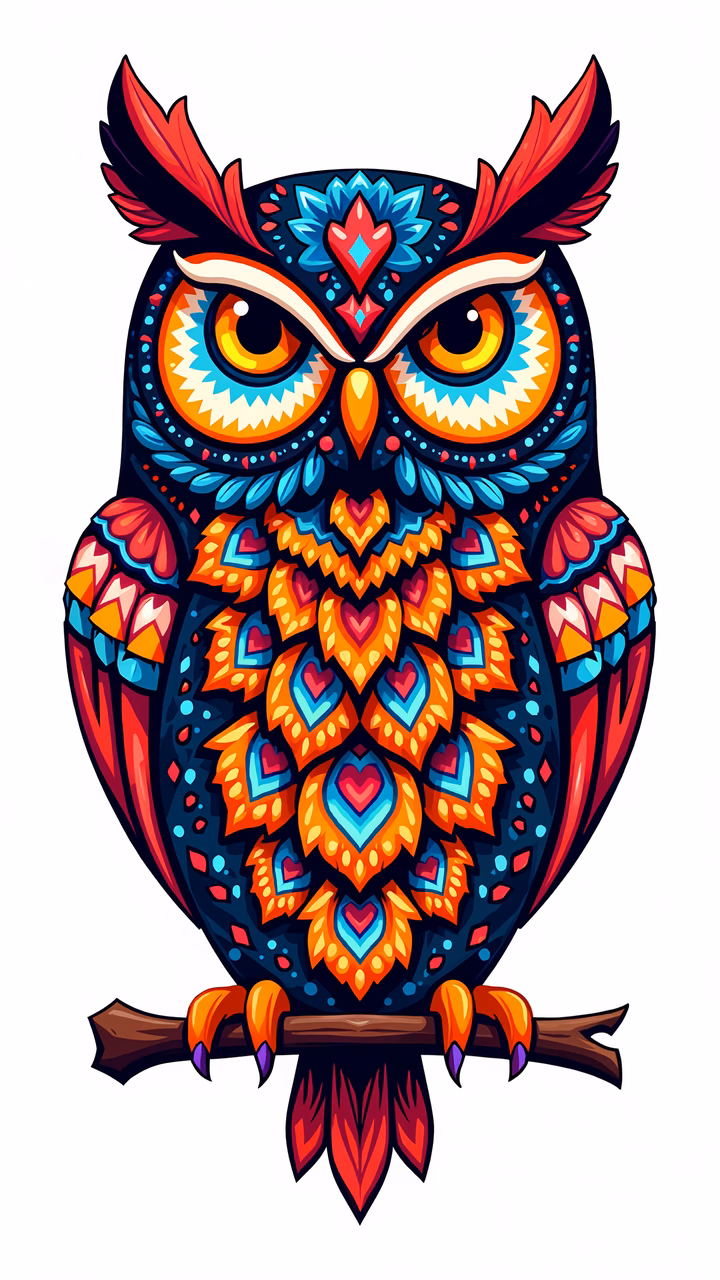 Vibrant owl illustration with intricate patterns and bold colors.