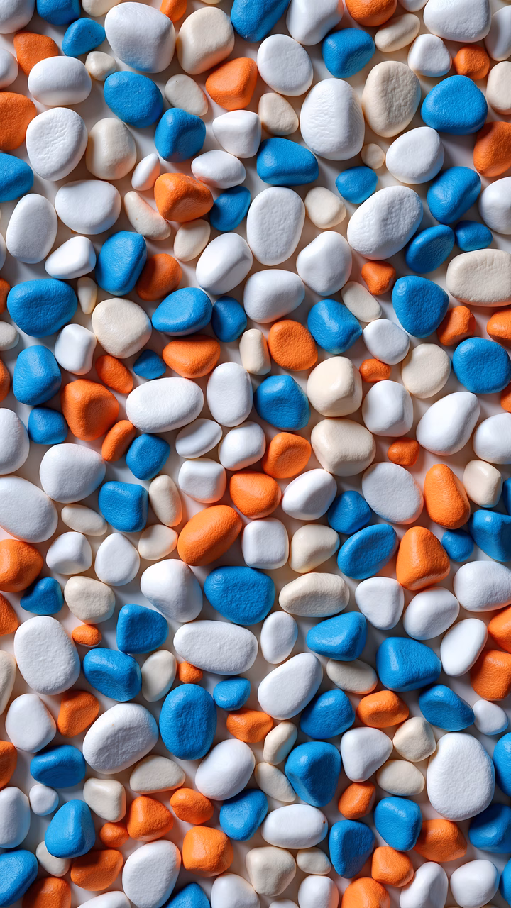 Vibrant pebbles in white, blue, and orange create a playful and energetic illustration.