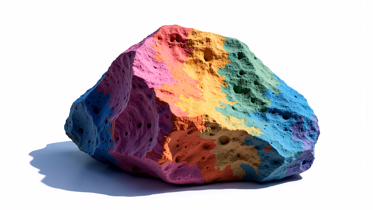 A colorful, textured rock illustration with vibrant hues and playful tones.