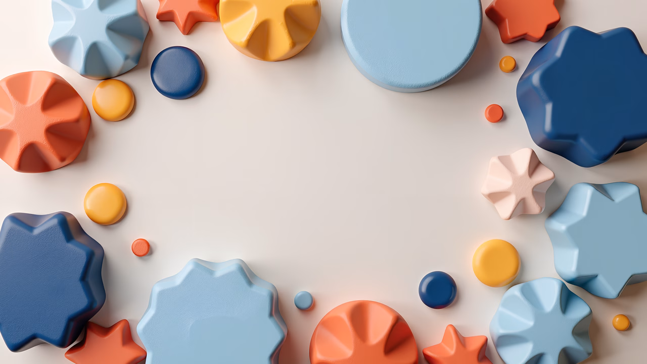 Vibrant geometric shapes in a playful arrangement on a neutral background.