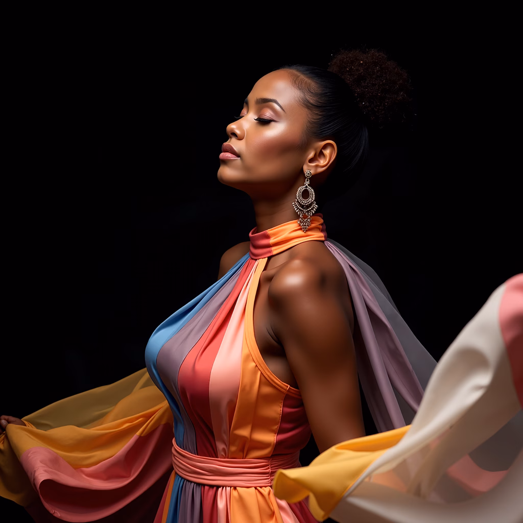 Elegant silk dress in vibrant colors, flowing fabric, black background, fashion photography.