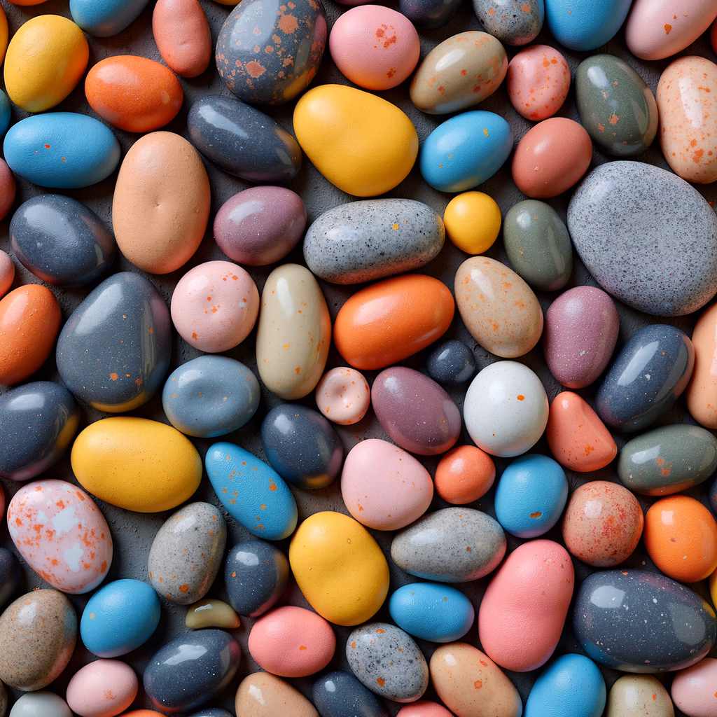 A colorful array of speckled rocks in a playful illustration.
