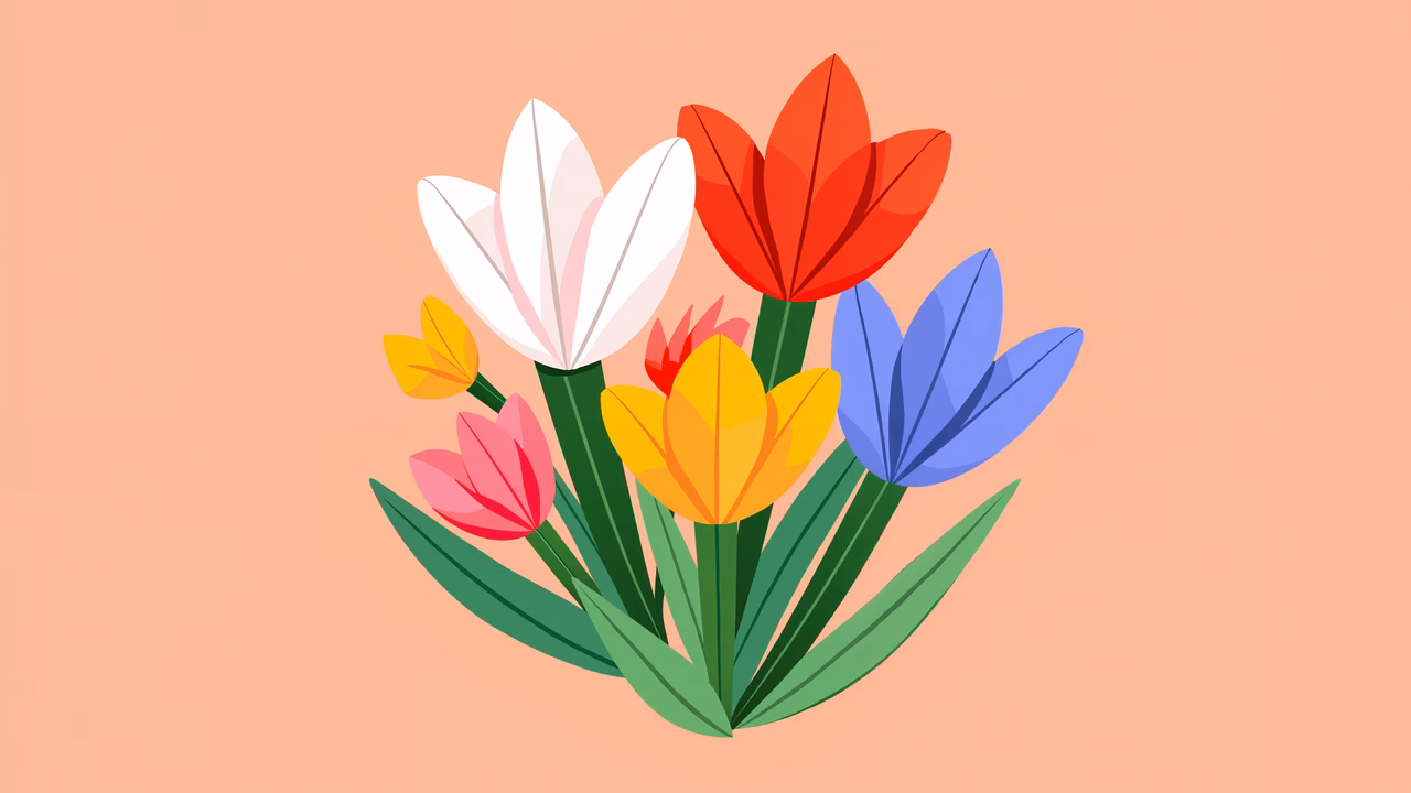 Brightly colored tulips on a peach background, celebrating spring and joy.
