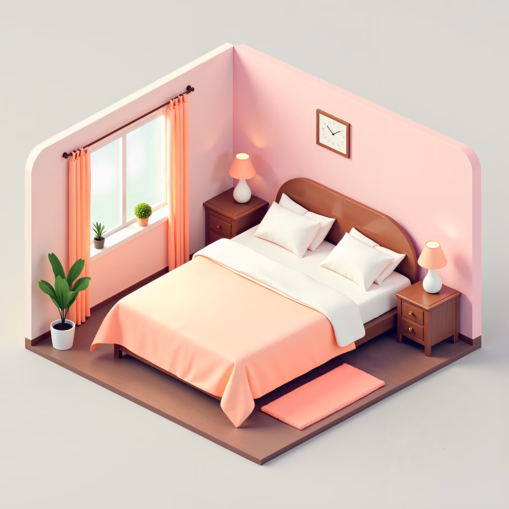 A cozy and inviting pink-themed bedroom with a neatly made bed and wooden nightstands.