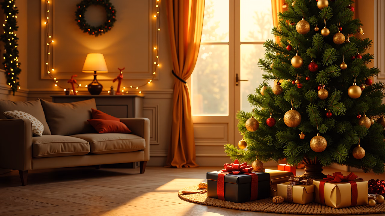 A festive Christmas scene with a decorated tree and gifts under the glow of string lights.