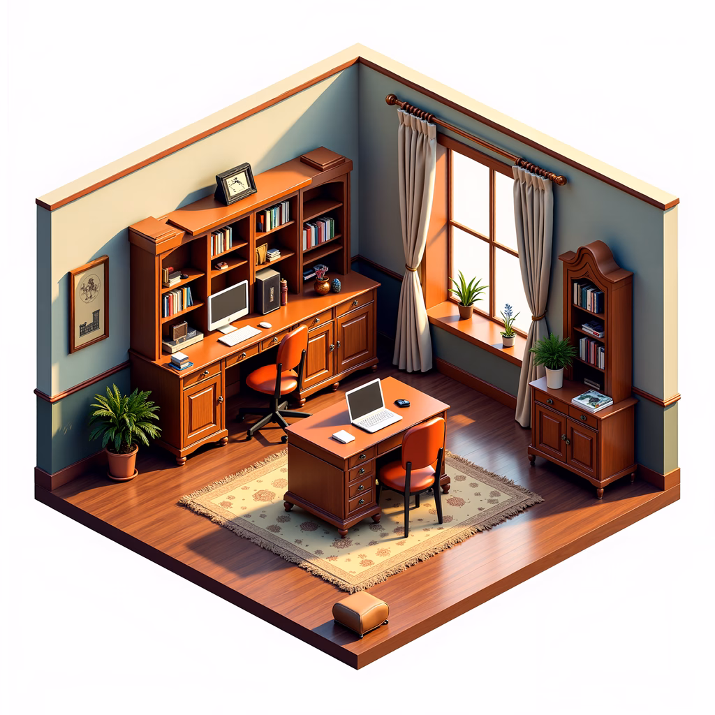 A cozy home office with wooden furniture and plants, perfect for productivity and relaxation.