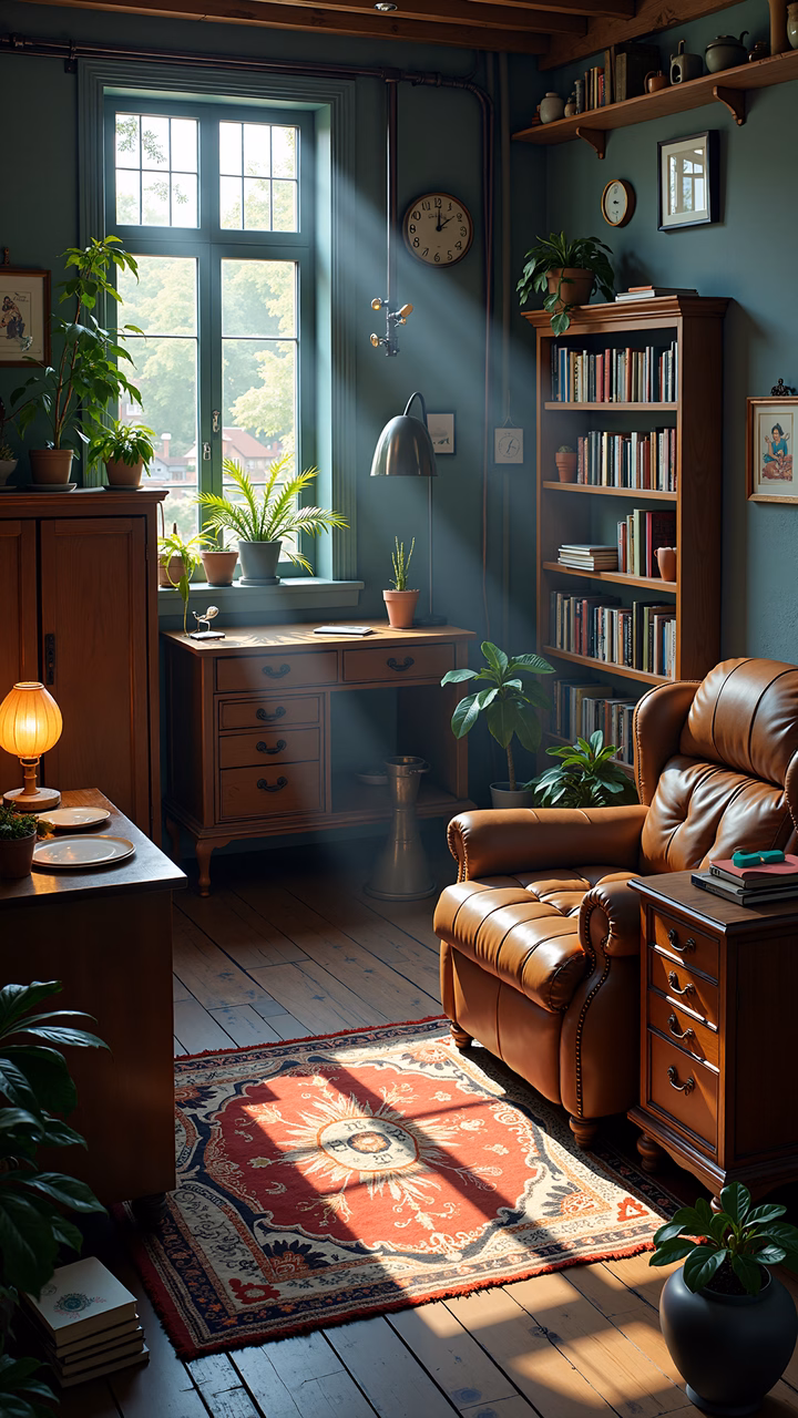 A cozy home office with vintage furniture and natural light.