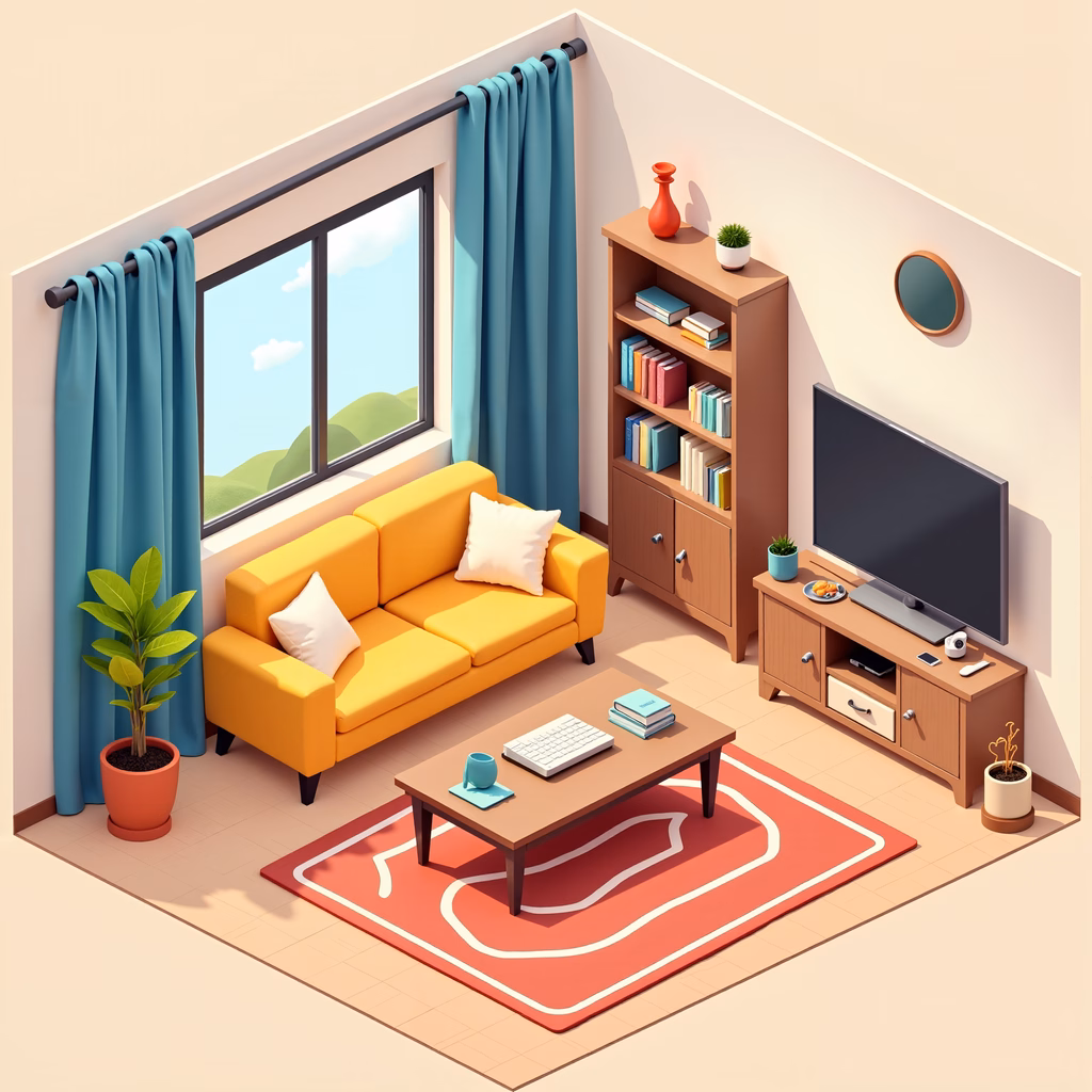 A cozy, colorful living room with a warm ambiance and inviting furniture.