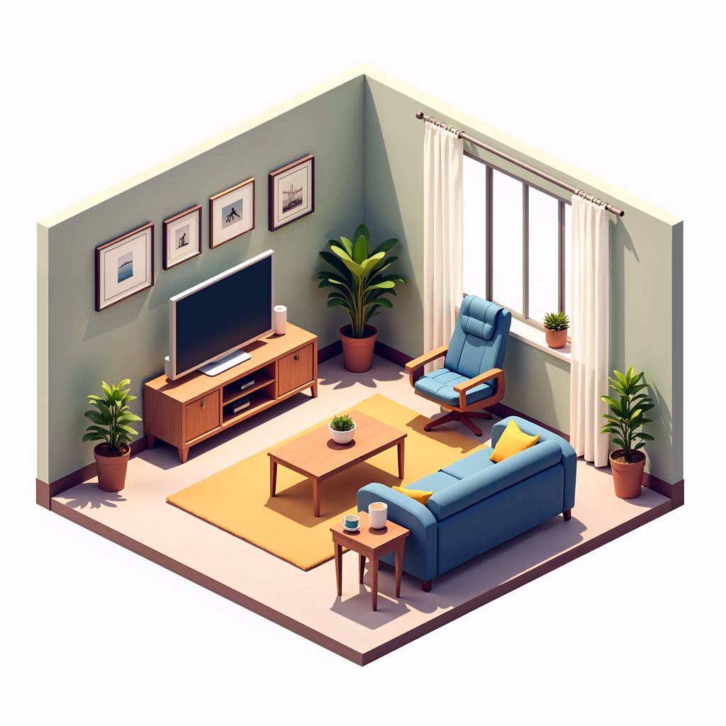A modern, cozy living room with a blue sofa, wooden furniture, and natural light.