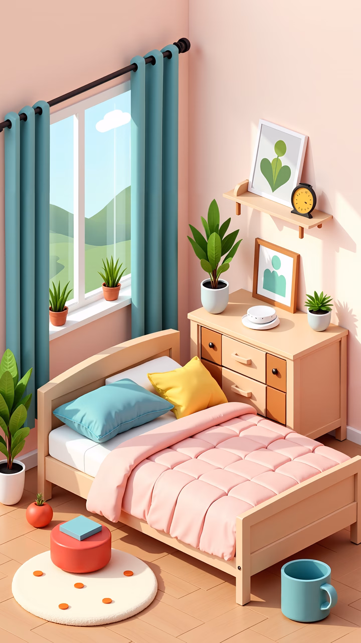 A cozy, pastel-colored bedroom scene with natural light and soft furnishings.