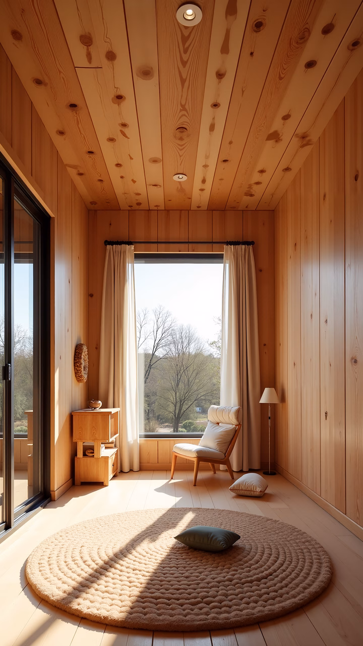 A tranquil wooden interior with natural light and simple furnishings.