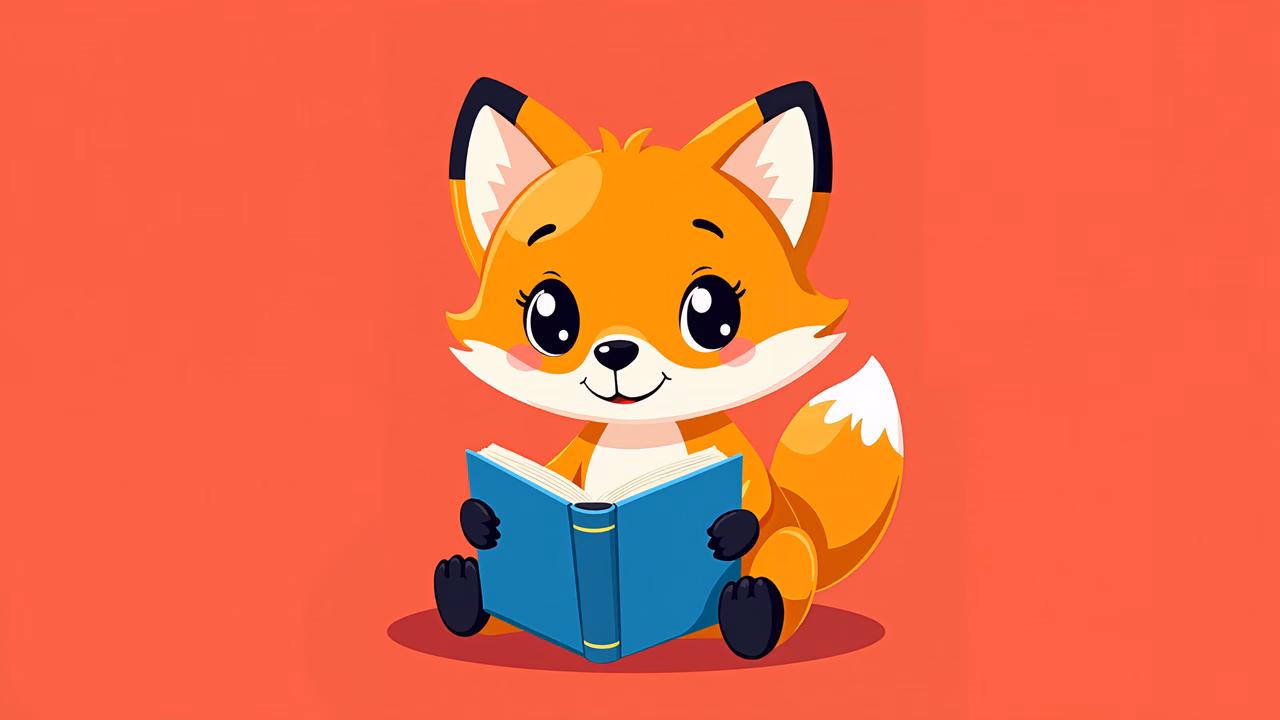A cute fox reading a book, set against a bright orange background.