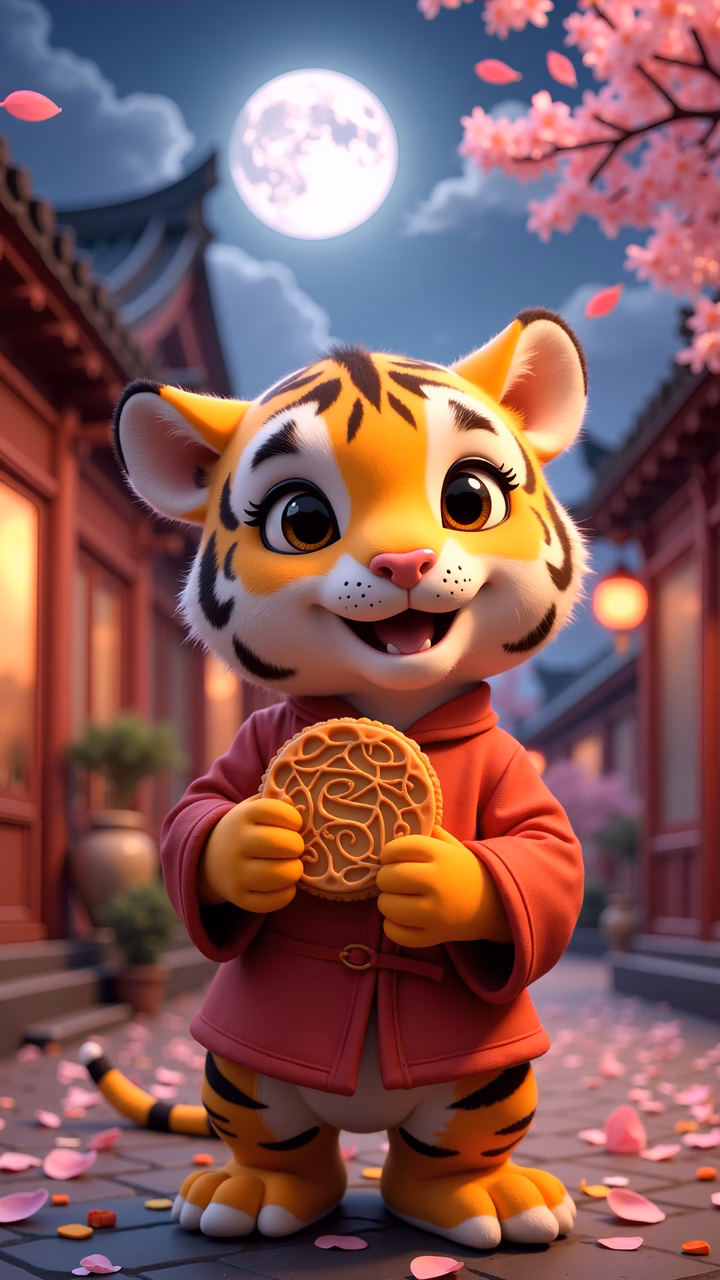 A cute tiger cub in traditional Chinese clothing holding a mooncake under a full moon, surrounded by cherry blossoms and lanterns.