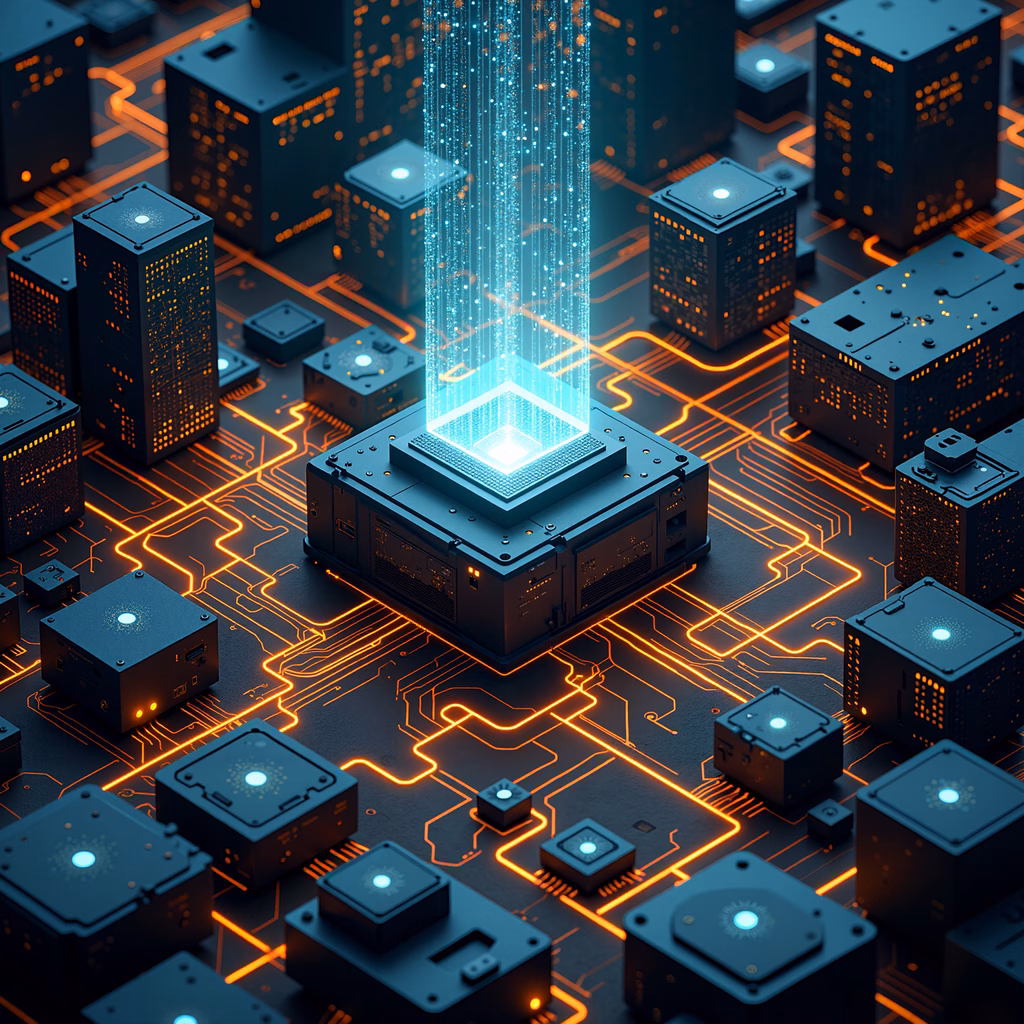 A futuristic cybernetic grid with glowing nodes and circuit lines.