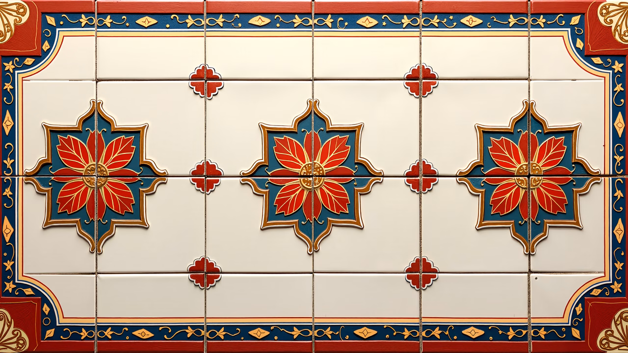 Vibrant decorative tiles with floral motifs and intricate gold borders, showcasing traditional craftsmanship.