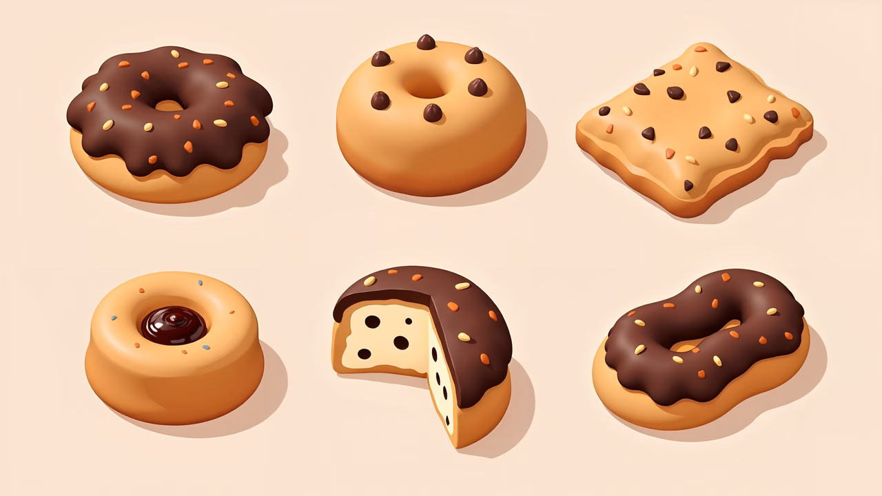 Cartoon-style donuts with various toppings and fillings.