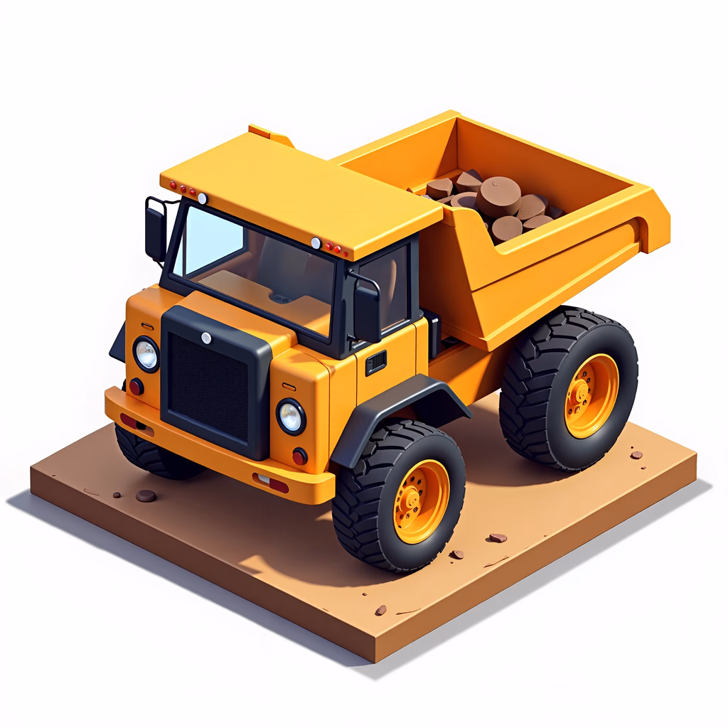 A colorful dump truck illustration with bold colors and industrial details.