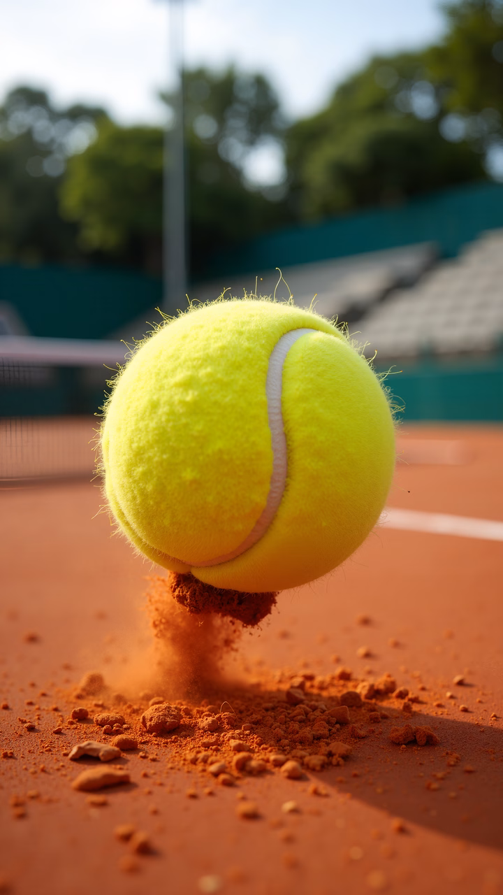 Bright yellow tennis ball mid-air on clay court, sunny day at a professional match.