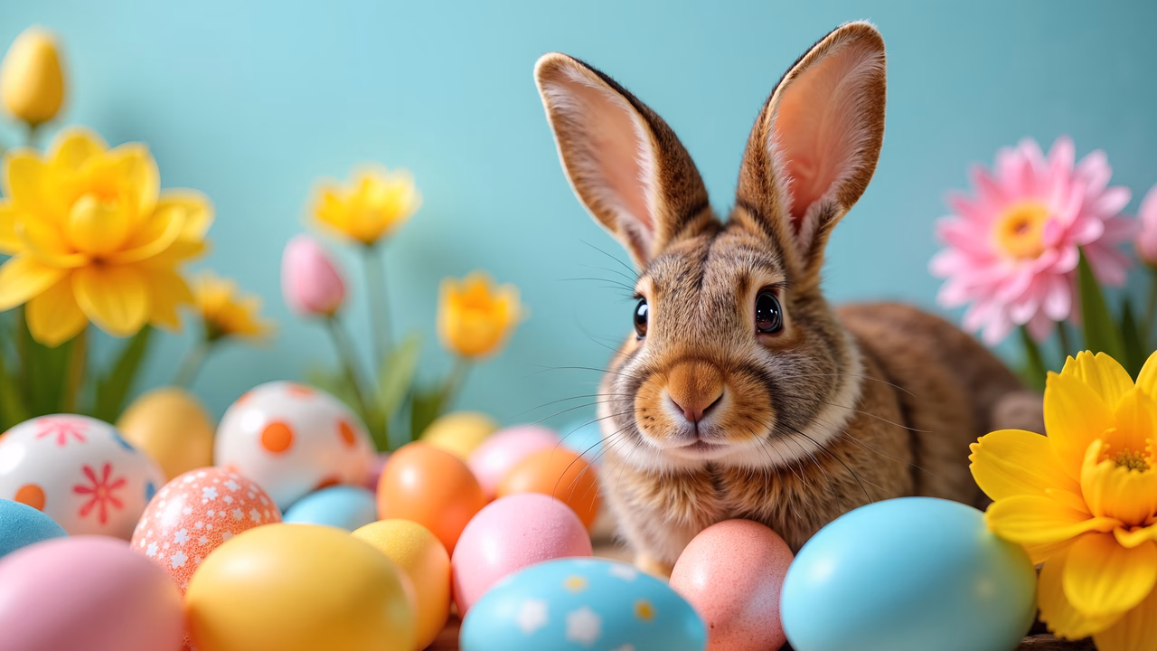 Cute Easter bunny amidst colorful eggs and flowers.