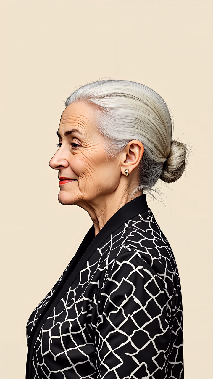 Side profile portrait of a woman with elegant silver hair and a stylish black jacket against a beige backdrop.