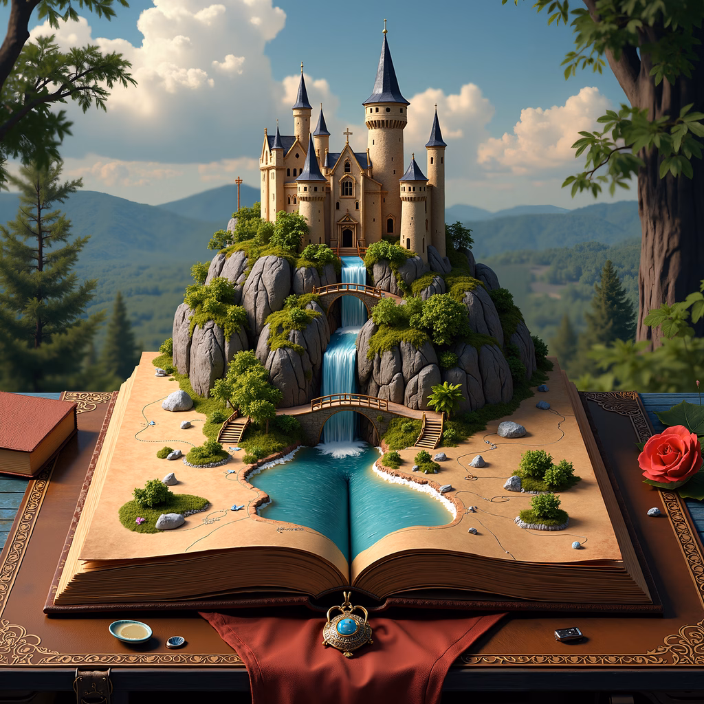 A magical fairytale castle within an open book, surrounded by lush greenery and cascading waterfalls.