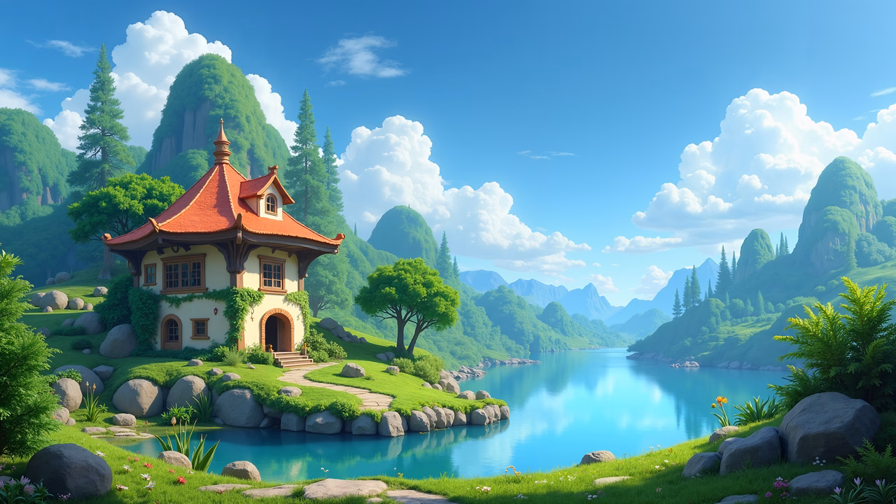 A charming cottage by a tranquil lake, surrounded by lush greenery and vibrant colors.