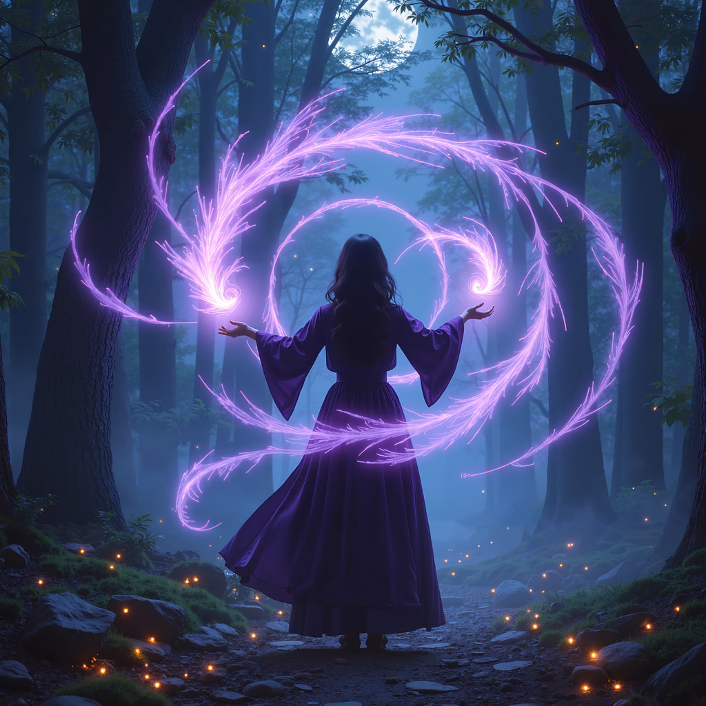 Mystical figure casting spell in enchanted forest under moonlight.