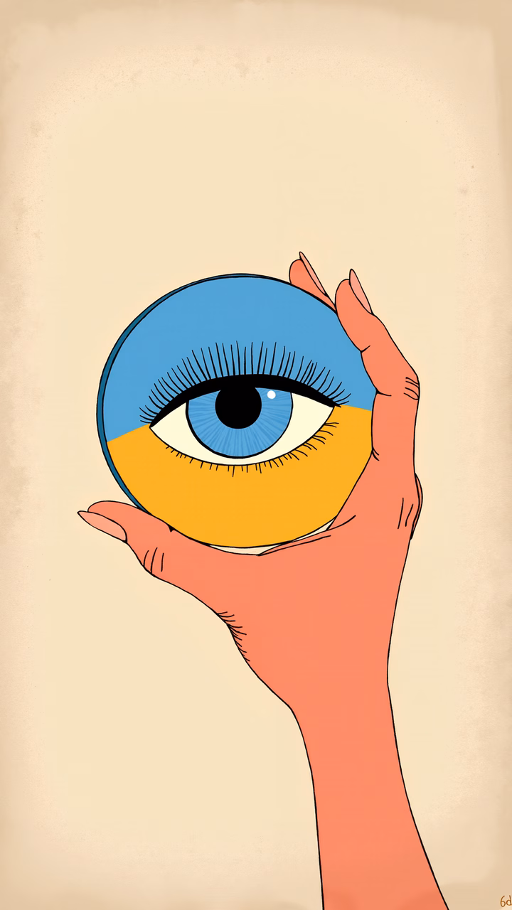 Hand holding eye, curious introspection, vibrant colors, textured background