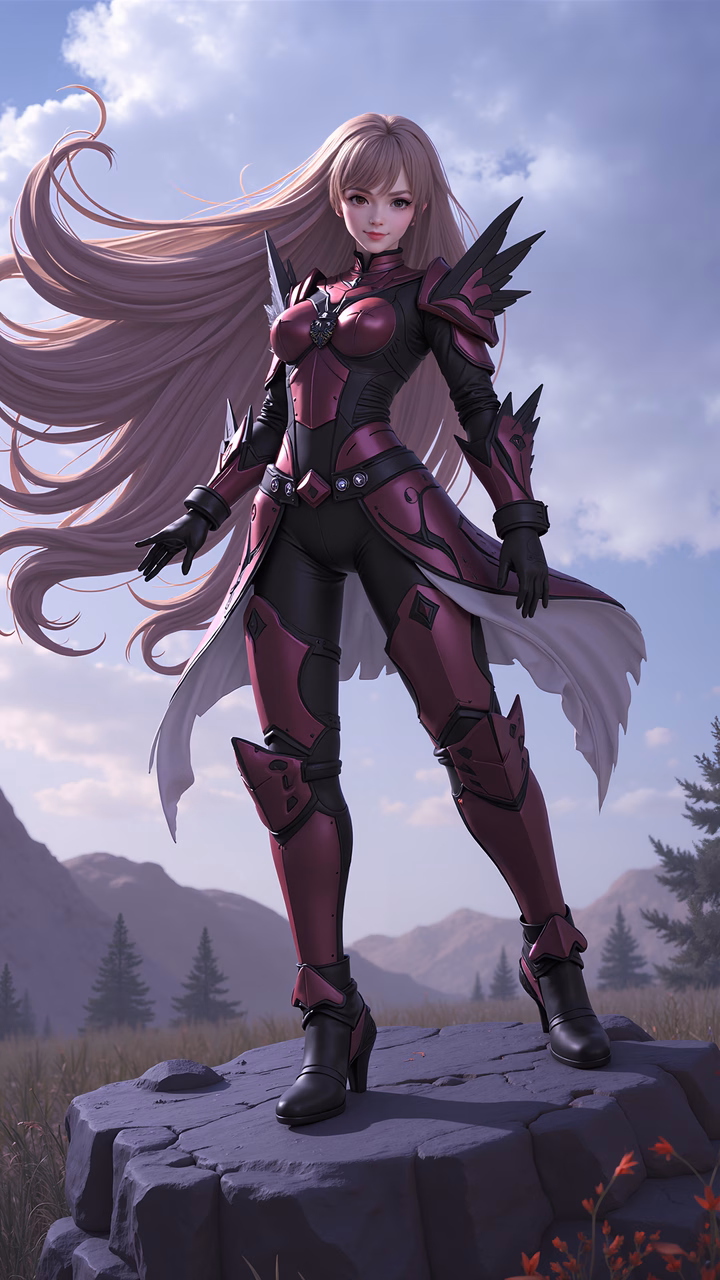 A confident fantasy warrior in vibrant armor against a peaceful natural backdrop.