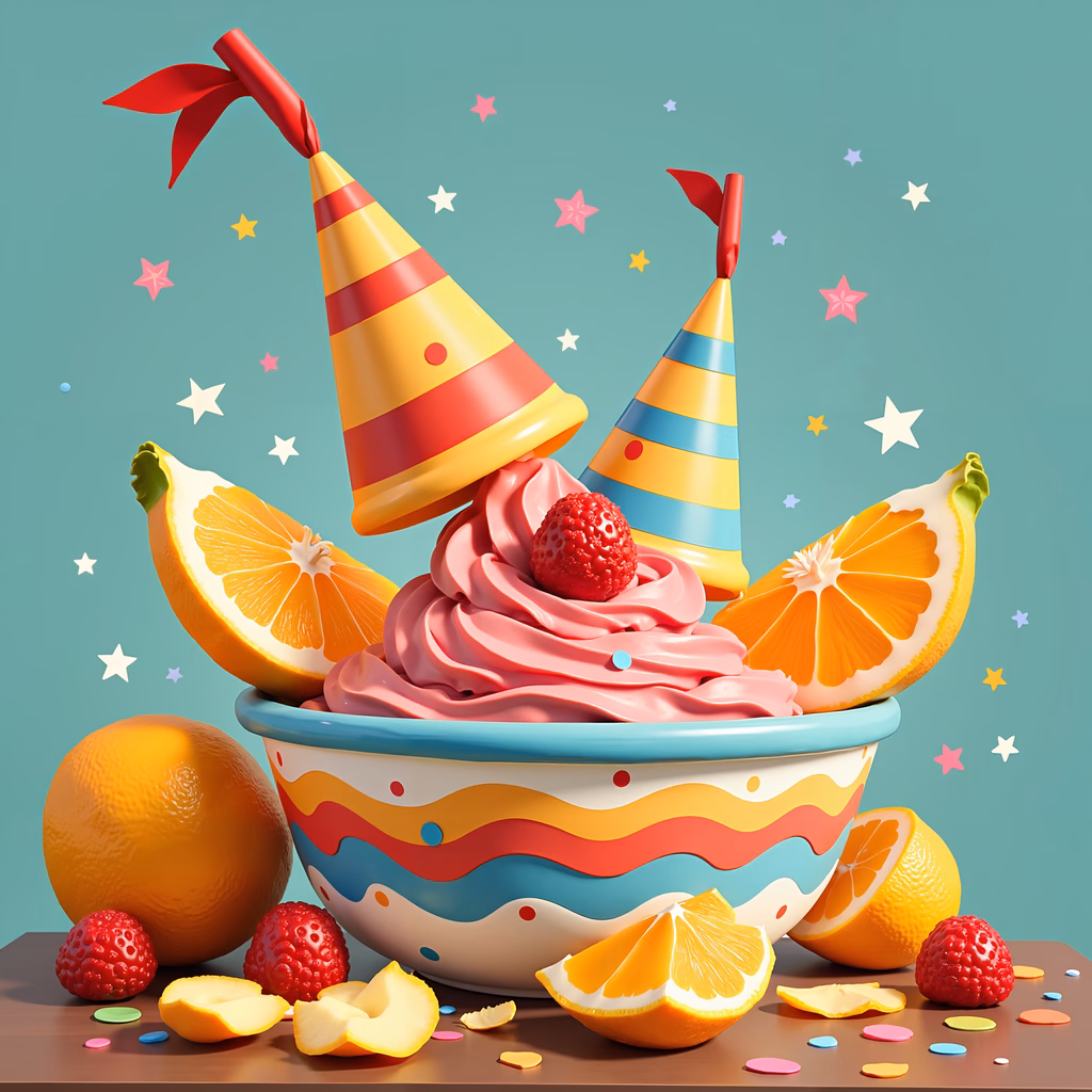 Vibrant ice cream party with colorful party hats and festive decorations.