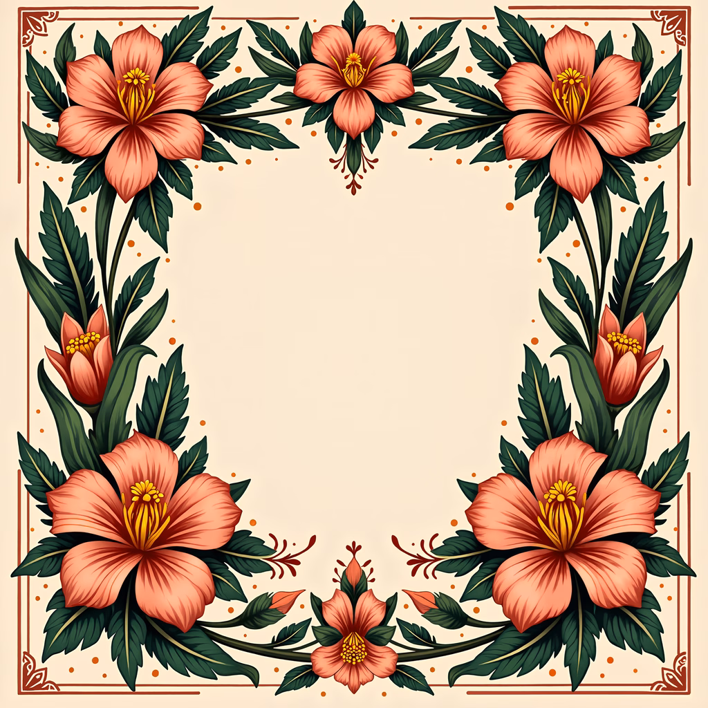 Symmetrical floral frame with vibrant pink flowers and lush green leaves on a soft beige background.
