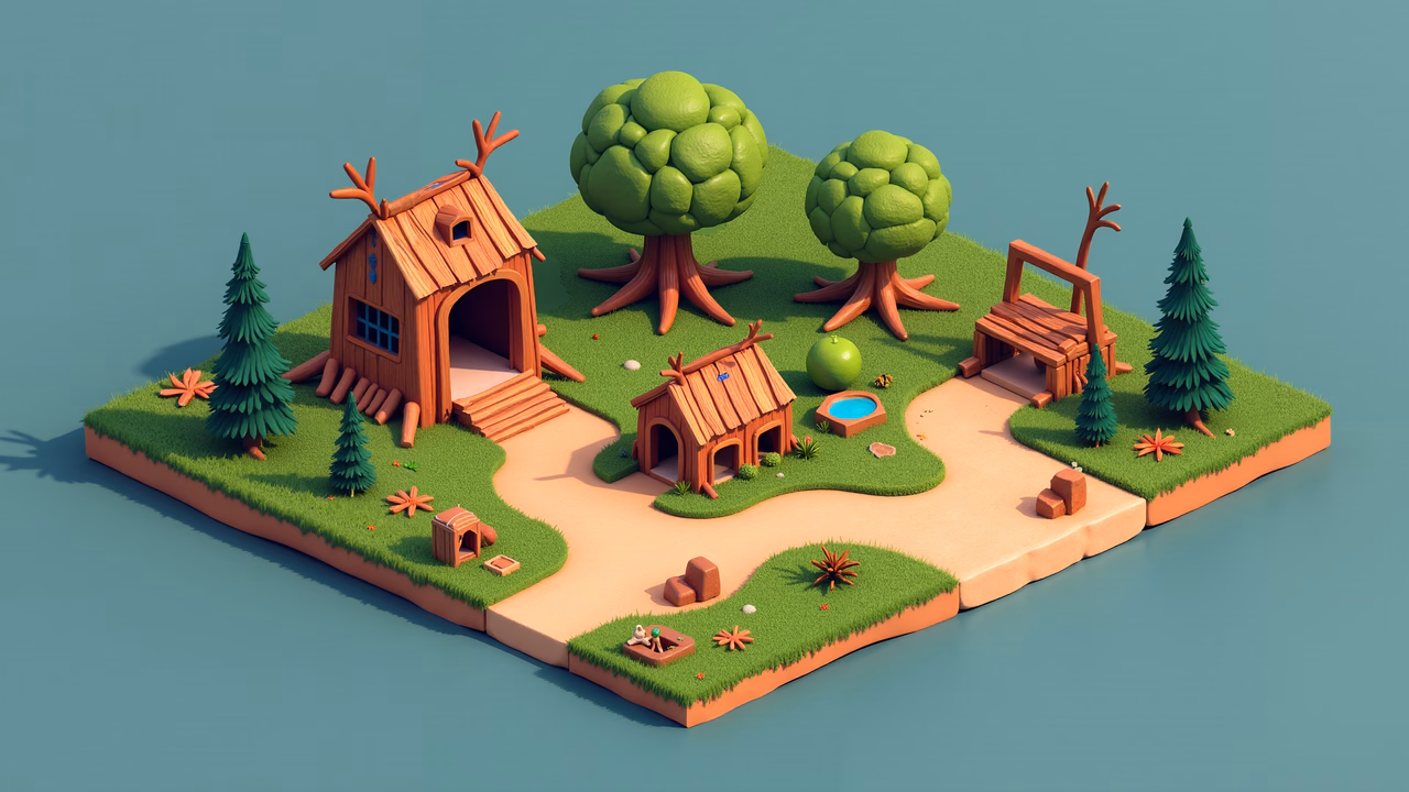 A serene forest retreat with two wooden cabins and lush greenery, ideal for children's stories.