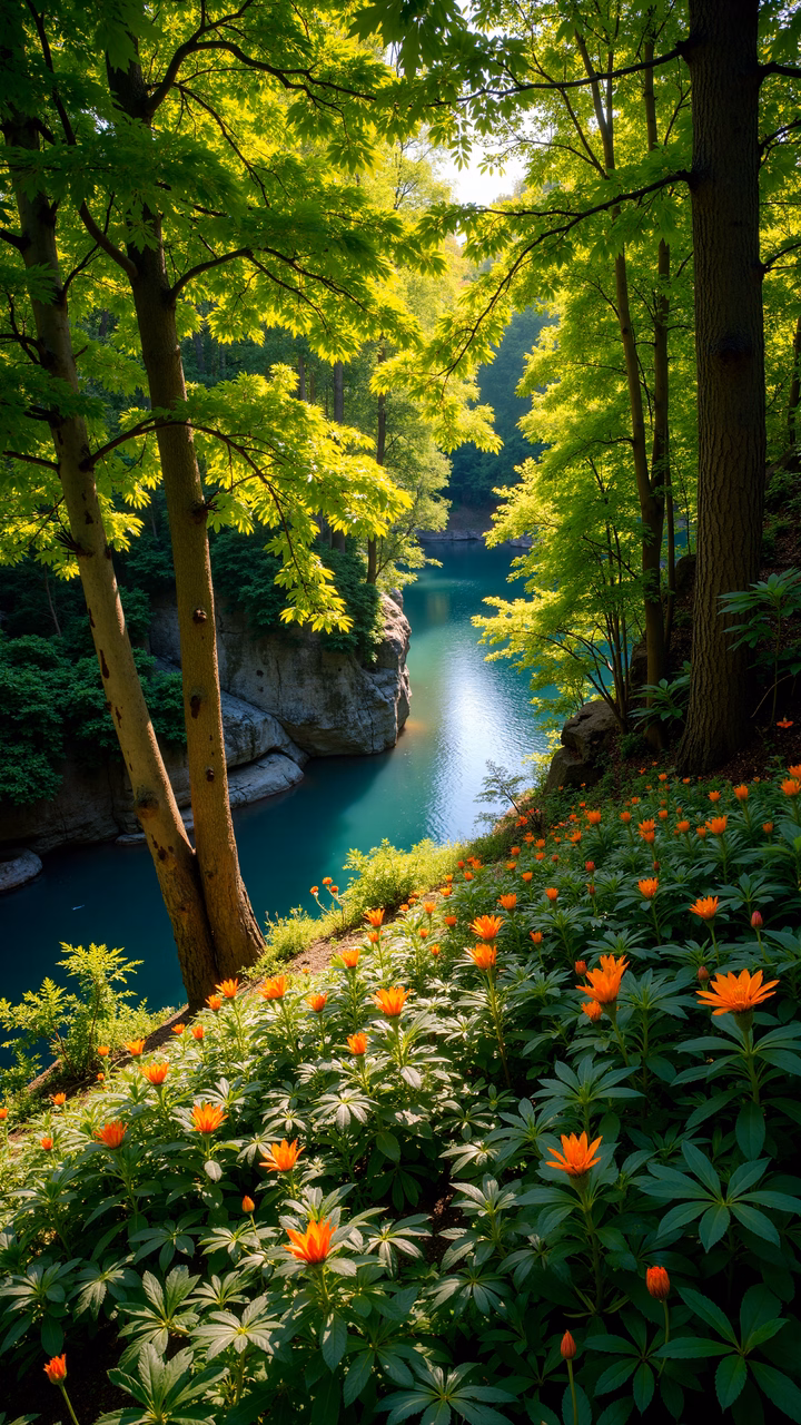 A tranquil forest scene with a river and vibrant orange flowers.