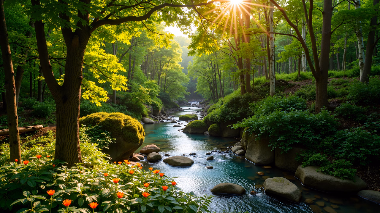 A peaceful forest scene with a stream and vibrant greenery under morning light.