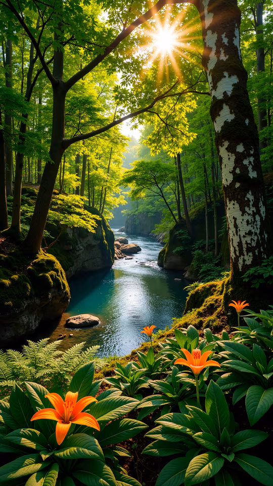 Forest Stream with Sunburst