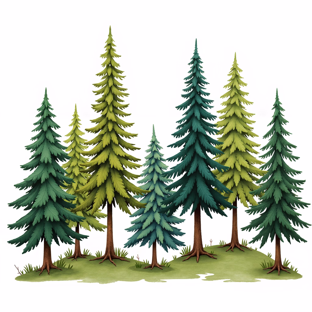 Stylized pine trees in a lush forest setting.