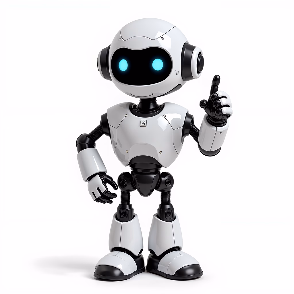 A cute, modern robot pointing upwards in a friendly manner.