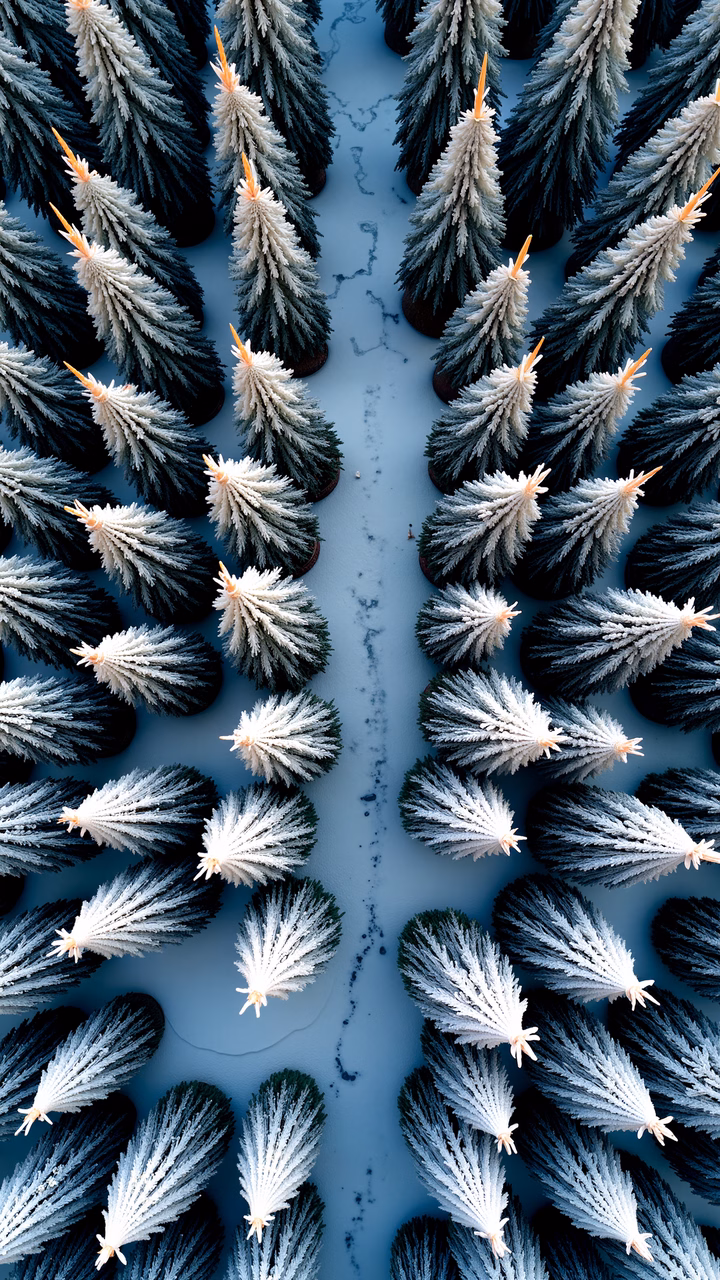 Rows of frost-covered pine trees in a cool, wintry landscape.