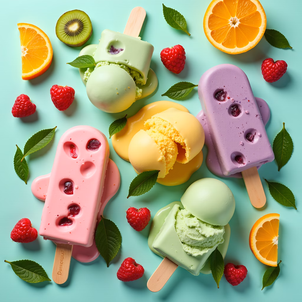 Bright popsicles with fresh fruits on a turquoise background