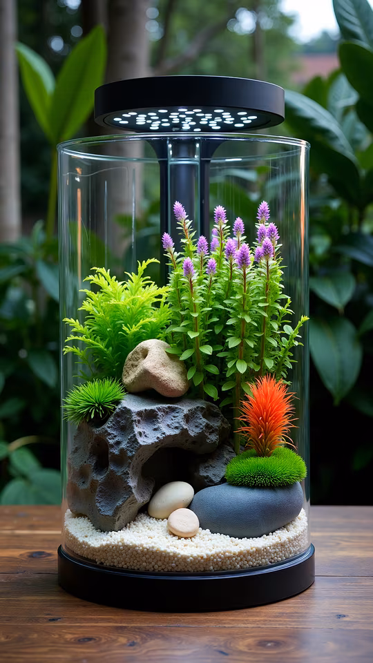Glass Terrarium with Purple Flowers