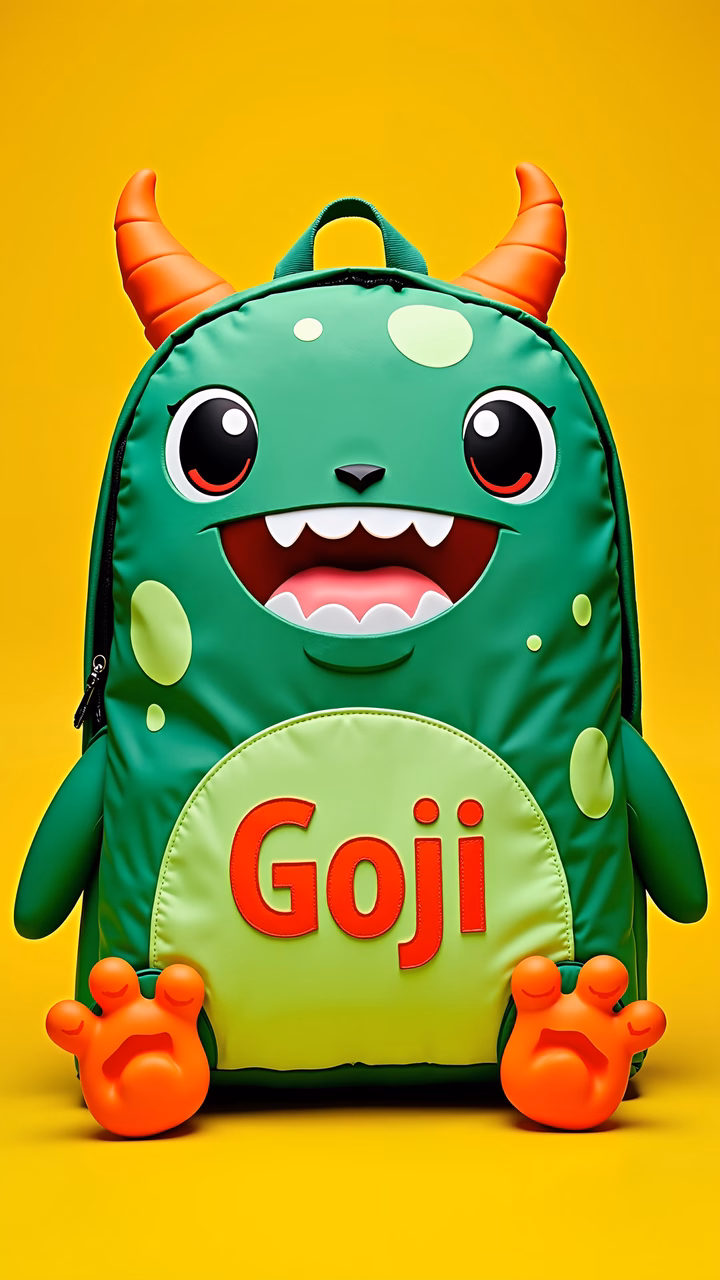 A fun, colorful monster backpack with a bright yellow background.