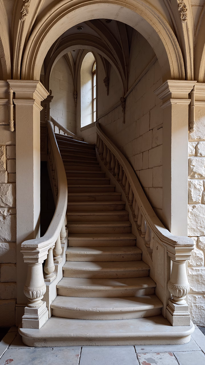 Elegant grand staircase with ornate railings and natural light