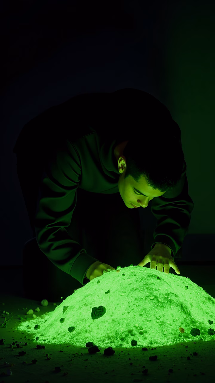Monochromatic green glow, mysterious atmosphere, enigmatic mood.
