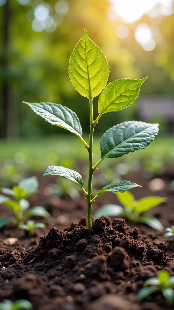 Close-up of a thriving seedling in rich soil, symbolizing new beginnings and growth.