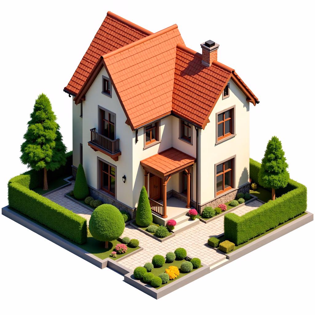 A charming two-story cottage with a red roof and a beautifully landscaped garden.