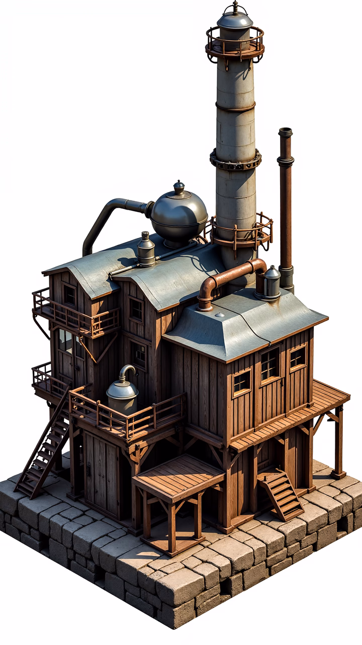 Detailed industrial factory illustration with wooden and metallic elements, evoking a sense of history and craftsmanship.