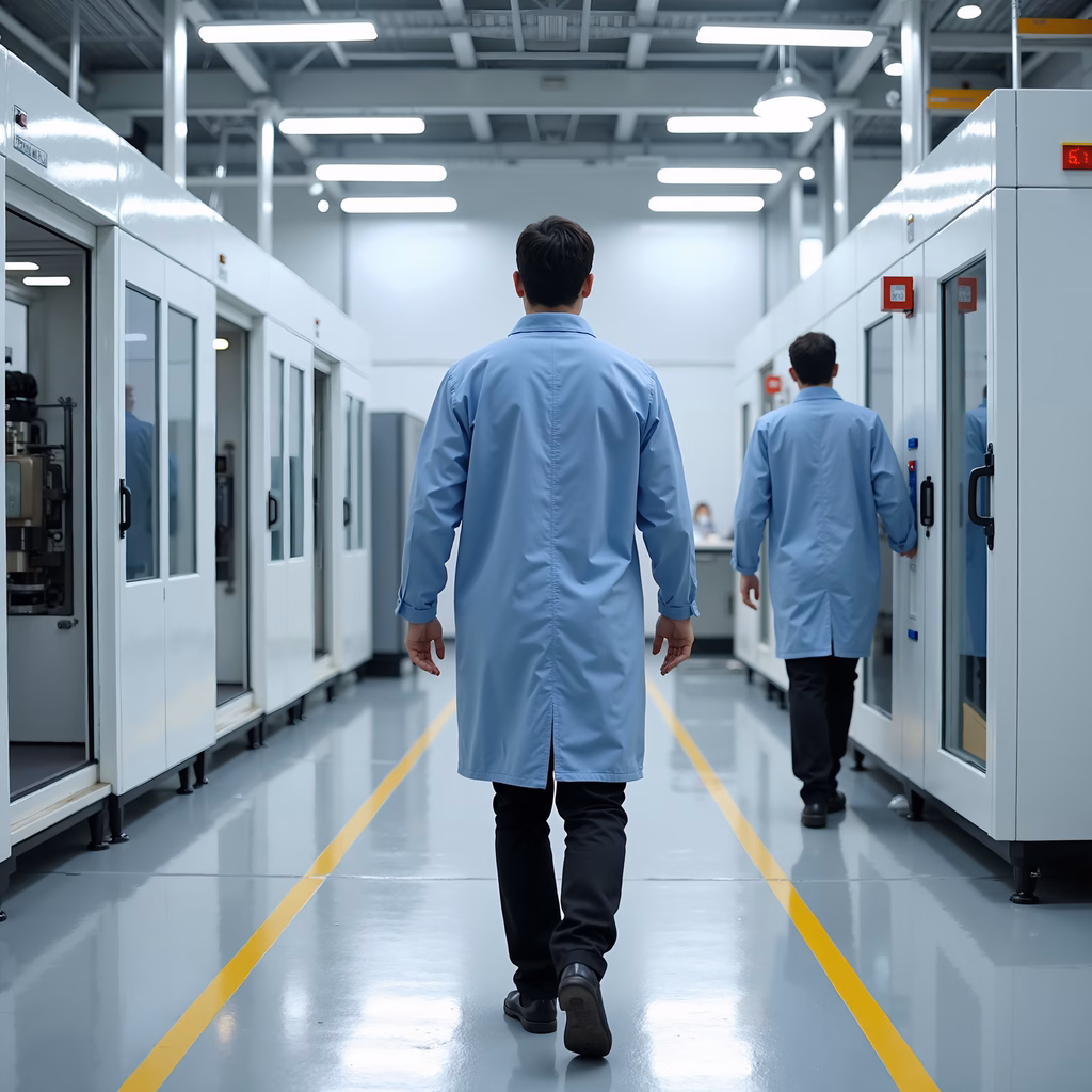 Workers in a modern industrial lab setting, emphasizing cleanliness and professionalism.