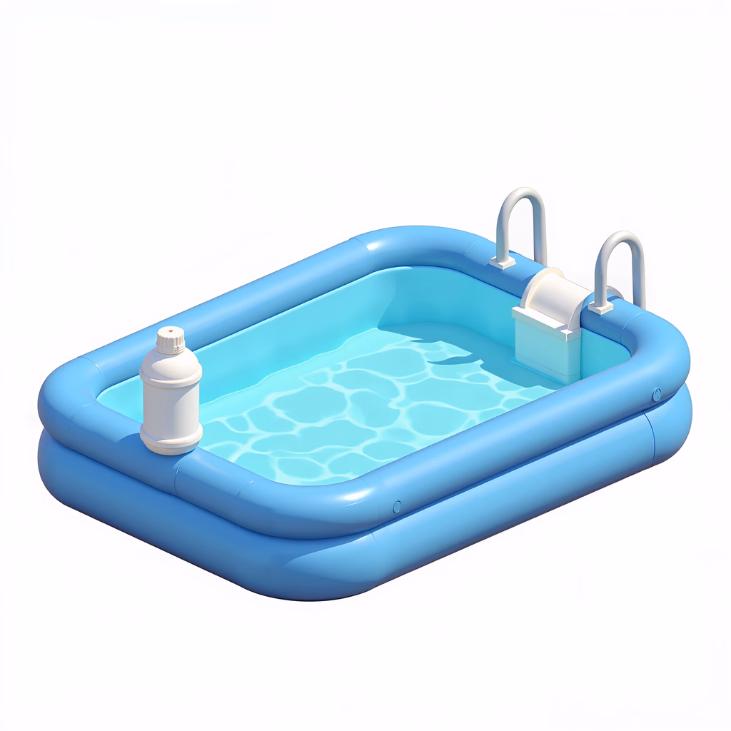 A bright blue inflatable pool with clear water and a small container, perfect for summer fun!