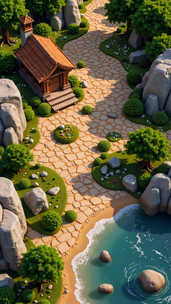 Isometric beachside retreat with traditional pavilion and lush greenery.